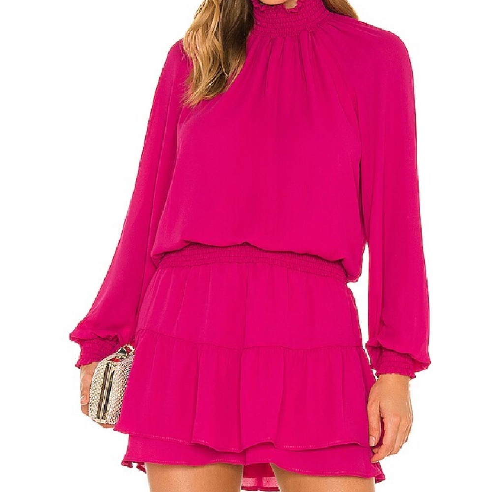 Hot Pink Turtleneck Ruffle Skirt Chiffon Dress